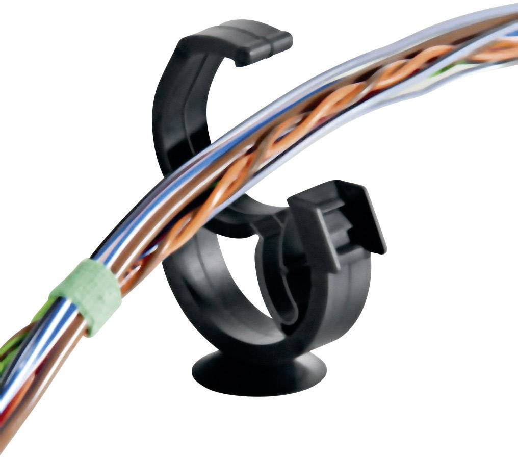 Support de câbles noir en plastique contenant plusieurs câbles de différentes couleurs ; utilisé pour organiser et fixer les câbles.