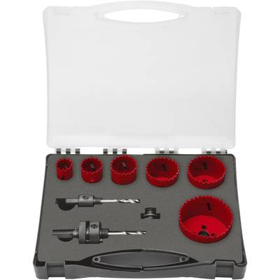 Coffret de couronnes de forage en plastique ouvert. Contient plusieurs couronnes de forage rouges et deux adaptateurs de forage, adaptés à différentes tailles de trous.