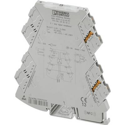 Un module électronique gris triangulaire de Phoenix Contact, étiqueté avec des spécifications techniques et des connexions sur les côtés.