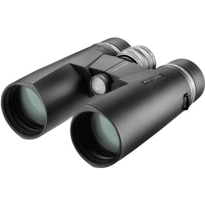 Une paire de jumelles noires avec des bagues argentées striées, conçues pour un grossissement optimal, repose sur un fond neutre.