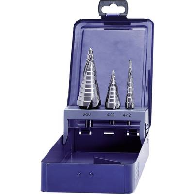 Trois forets étagés de différentes tailles dans un coffret en plastique bleu. Tailles indiquées : 6-30, 4-20, 4-12 mm. Idéaux pour les perçages métalliques.