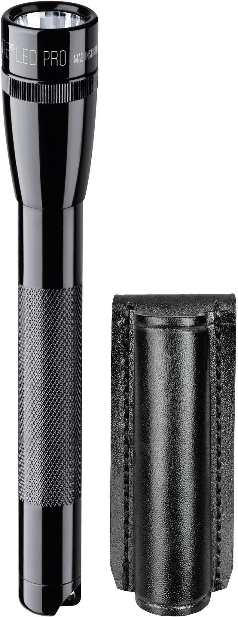 Lampe de poche LED noire, élancée, à surface texturée, à côté d'un étui en cuir noir.