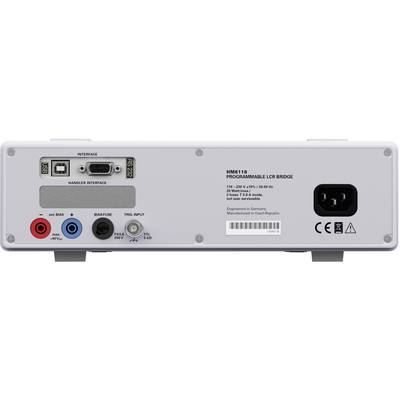 Face arrière d'un appareil de mesure LCR programmable avec bornes de connexion, interfaces et raccordement secteur. Référence du modèle : HM8118.