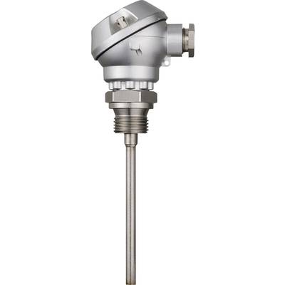Élément thermocouple industriel cylindrique en argent avec tête de raccordement et sonde longue et fine, utilisé pour la mesure de température.