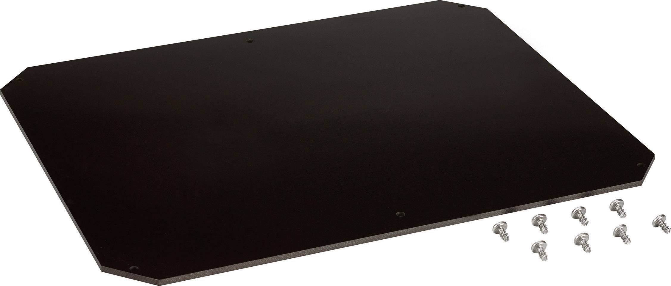 Plaque noire rectangulaire aux coins chanfreinés, avec dix vis argentées disposées uniformément à côté.