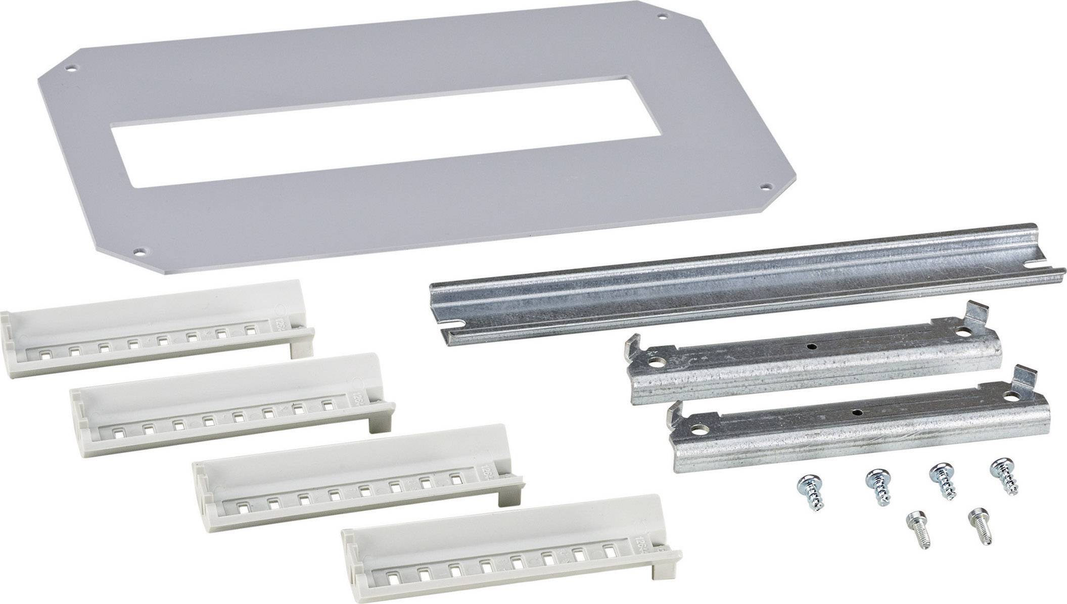 Ensemble de montage avec cadre métallique, rails, vis et pièces en plastique blanc pour la fixation d'appareils ou de modules.