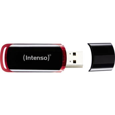 Clé USB de Intenso avec boîtier rouge et capuchon retiré, montrant l'interface USB. Adaptée pour stocker et transférer des données.