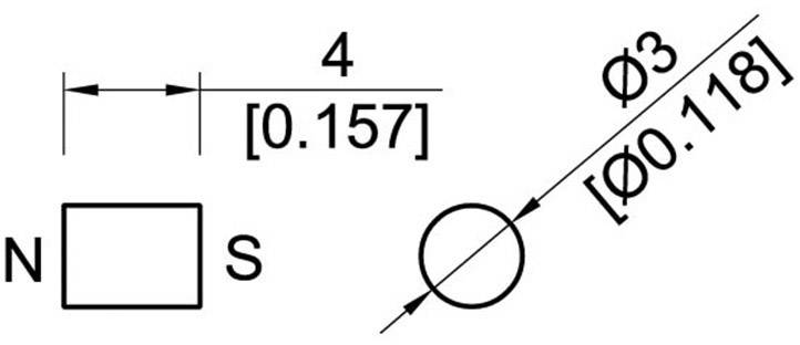 Dessin de dimensionnement d'un objet rectangulaire avec indication du Nord et du Sud. Diamètre de cercle Ø3 et dimensions en millimètres et pouces.