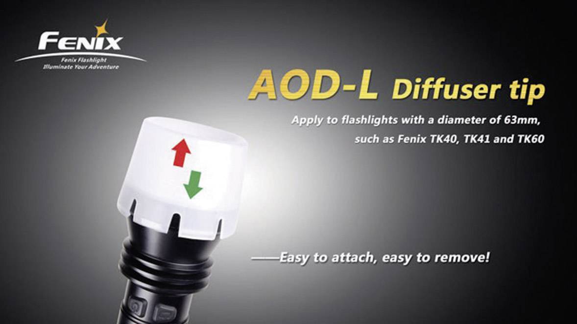 Diffuseur AOD-L pour lampes de poche de 63 mm de diamètre. Compatible avec les modèles Fenix TK40, TK41 et TK60. Facile à installer et à retirer.