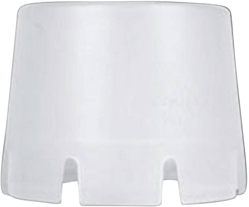 Une gaine en plastique transparente, cylindrique, aux bords arrondis et présentant quatre encoches uniformément réparties sur le bord inférieur.