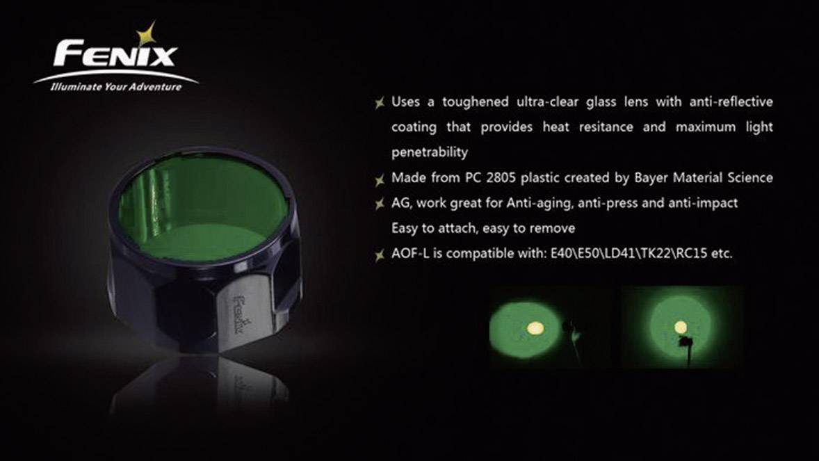 Un embout vert pour lampes de poche avec revêtement antireflet. Fabriqué en plastique PC 2805, il offre une résistance à la chaleur.