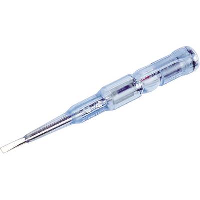 Un testeur de tension transparent à pointe métallique, utilisé pour vérifier les tensions électriques dans les circuits ou les prises de courant.
