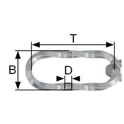 Diagramme d'une chaîne métallique ovale avec les désignations T (longueur), B (hauteur) et D (diamètre).