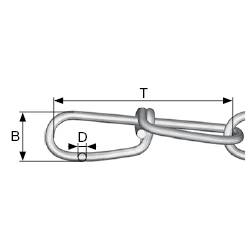 Un diagramme de maillons de chaîne indique les dimensions : longueur (L), largeur (l) et diamètre (D) du maillon en millimètres.