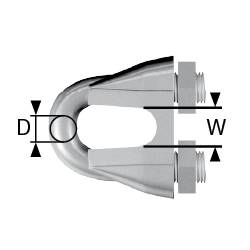 Illustration d'un serre-câble avec indication des dimensions : le diamètre (D) et l'ouverture (W) sont marqués.