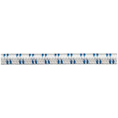 Corde blanche avec tressage bleu, disposée horizontalement, sur un fond blanc.