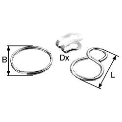 Formes de fil, incluant un cercle, une spirale et un huit, décrites par les dimensions L et B ainsi que le diamètre Dx.