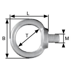 Dessin technique d'une bague filetée. Dimensions indiquées : Longueur (L), Largeur (B), Diamètre d'ouverture (T), Diamètre de filetage (M).