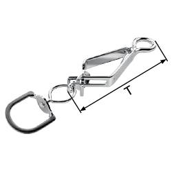 Mousqueton en métal avec verrouillage de sécurité, relié à un anneau en D. Le dessin de mesure indique la longueur 'T'. Principalement utilisé pour la fixation.