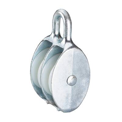 Bloc à double rouleau métallique brillant avec deux rouleaux en plastique, adapté pour dévier et guider des câbles ou des fils.