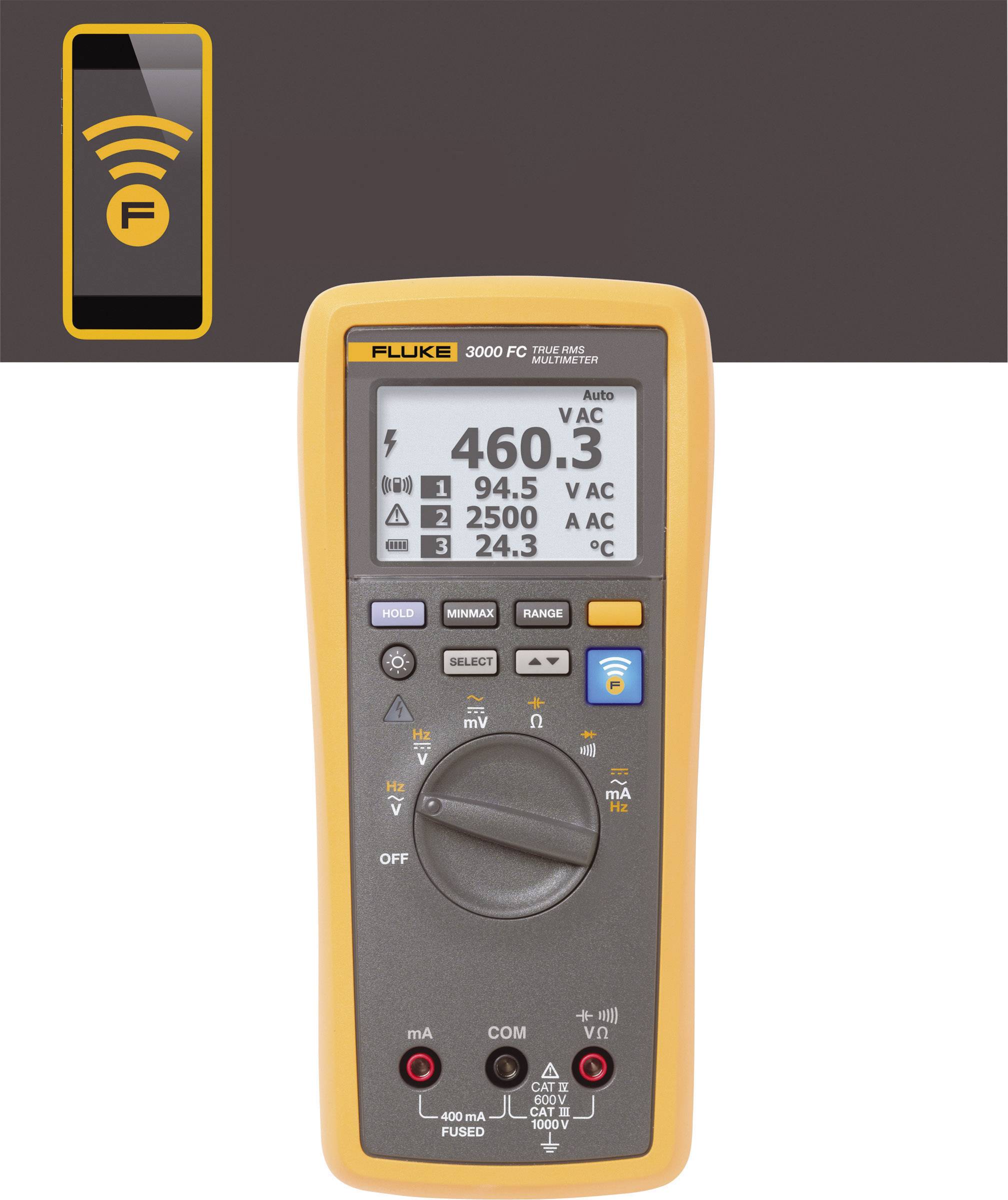 Fluke FLK-3000 FC Multimètre numérique écran graphique, enregistreur de données CAT III 1000 V, CAT IV 600 V Affichage (-4