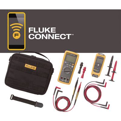 Outils 'Fluke Connect' pour les mesures, présentés avec accessoires et sacoche. Comprend un multimètre, un thermomètre et des câbles de mesure.