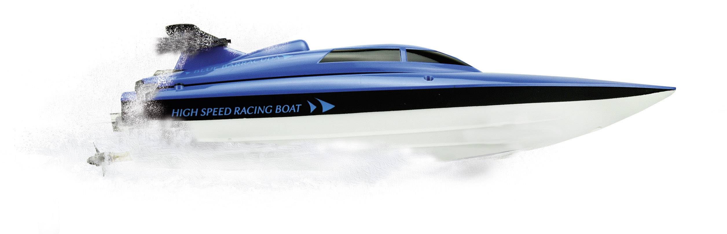 Un bateau de course bleu, portant l'inscription 'High Speed Racing Boat', fend les eaux à grande vitesse.