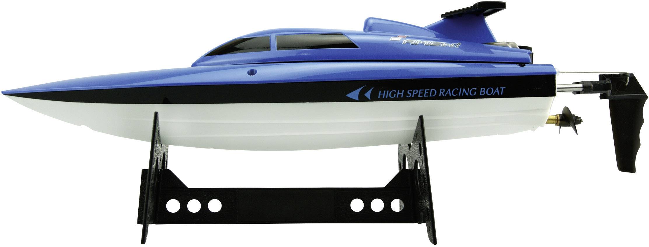 Un bateau de course de jouet bleu et aérodynamique sur un support noir. "High-Speed Racing Boat" est inscrit sur le côté.