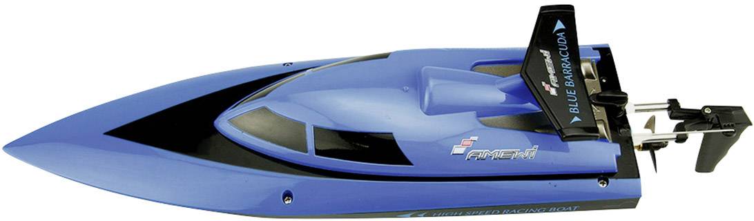 Un bateau de course modèle bleu avec des accents noirs. Le design est aérodynamique et dispose d'une hélice à l'arrière.