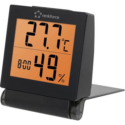 L'image montre un thermo-hygromètre électronique avec un affichage orange. La température est de 27,7°C, et l'humidité relative est de 49%.