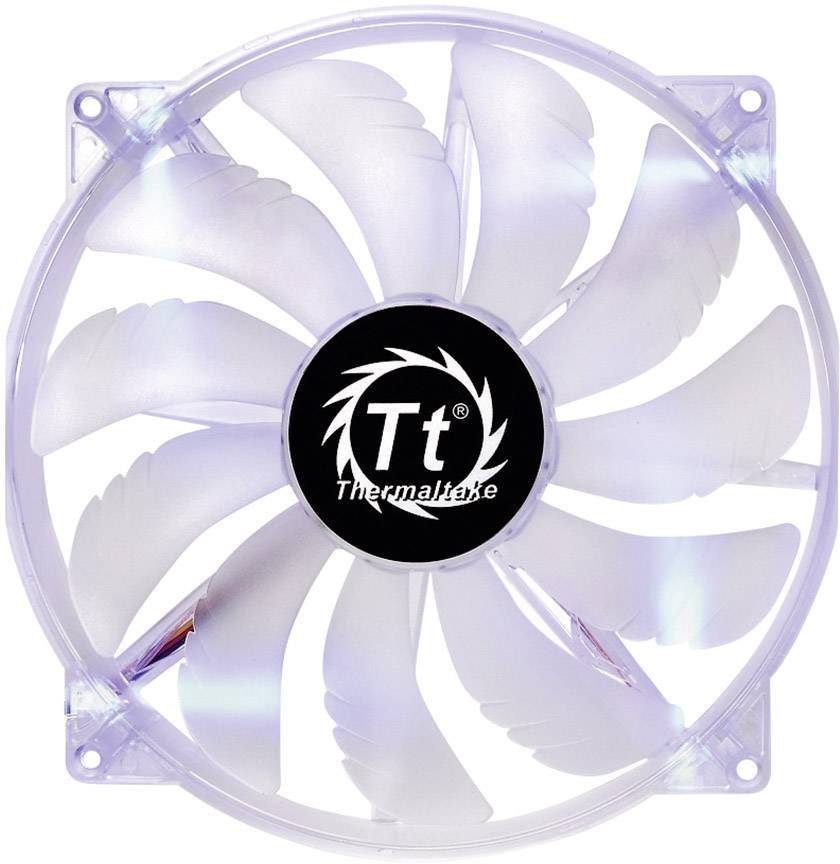 Un ventilateur d'ordinateur blanc de marque Thermaltake avec un logo au centre, neuf pales transparentes et un éclairage LED.