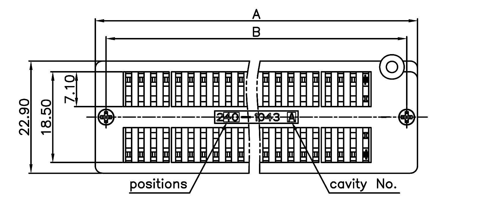 'Dessin technique d'un connecteur avec dimensions et annotations. Positions et cavité nommées, dimensions A et B mises en évidence.'