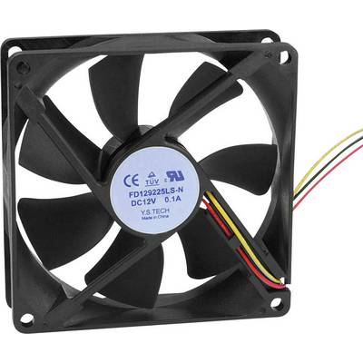 Un ventilateur de radiateur carré portant les inscriptions « FD129225LS-N » et « DC12V 0.1A ». Trois câbles de connexion en rouge, noir et jaune sont visibles.