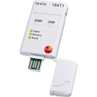 Logger de température avec l'inscription 'testo 184T1'. Affiche des voyants LED d'état pour l'alarme, la batterie et le mode. Touches de démarrage et d'arrêt visibles.
