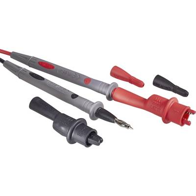 Deux câbles de mesure avec des connecteurs rouges et noirs. Ils sont utilisés pour des mesures et des tests électriques.
