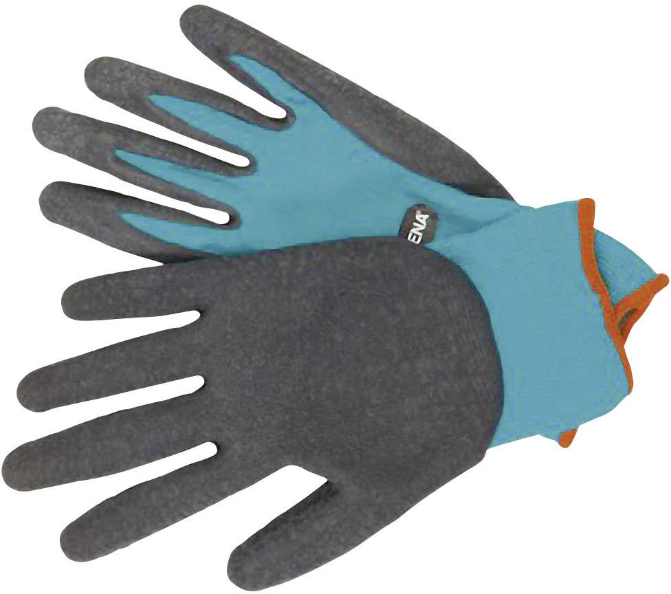 Deux gants de jardinage, l'un bleu avec la paume grise, l'autre gris avec la paume bleue, posés l'un sur l'autre.