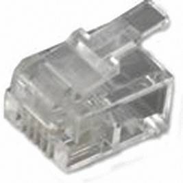 Un connecteur RJ45 transparent pour utilisation avec des câbles réseau Ethernet, montrant les broches et le levier de verrouillage, placé de manière centrale.