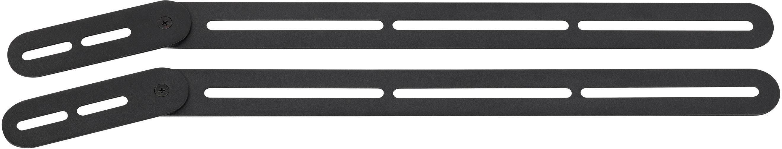 Deux supports métalliques noirs et étroits, munis de longues et fines fentes pour la fixation sur des murs ou des meubles.