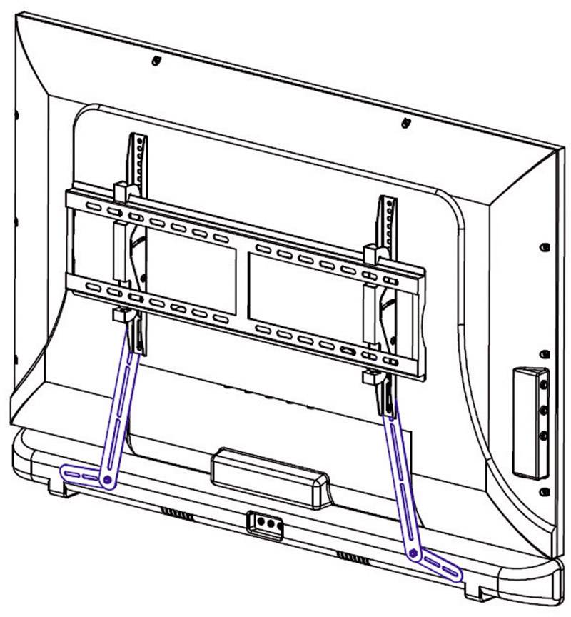 Le diagramme montre l'arrière d'un téléviseur avec son support de montage mural, les points de fixation identifiés et l'accès aux câbles.