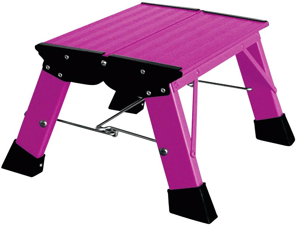 Un tabouret pliant rose avec un cadre noir et des pieds antidérapants, adapté pour atteindre des objets en hauteur dans la maison.