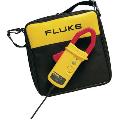 Un multimètre à pinces jaune et rouge de Fluke, posé sur un étui de transport noir avec le logo jaune de Fluke.