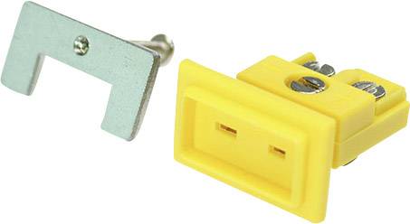 Connecteur jaune à deux contacts à vis, à côté d'un clip de fixation métallique et d'une vis, sur fond blanc.