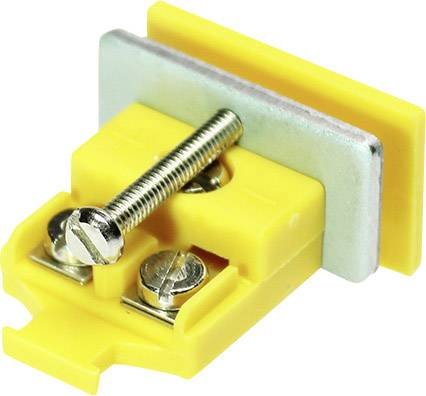 Pièce en plastique jaune avec un clip métallique et une vis au centre, montable sur une surface pour la fixation ou la connexion.