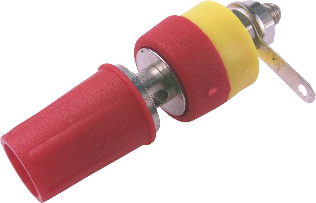 Un composant métallique avec un revêtement rouge et jaune et un trou de fixation, probablement un élément d'une connexion électrique.
