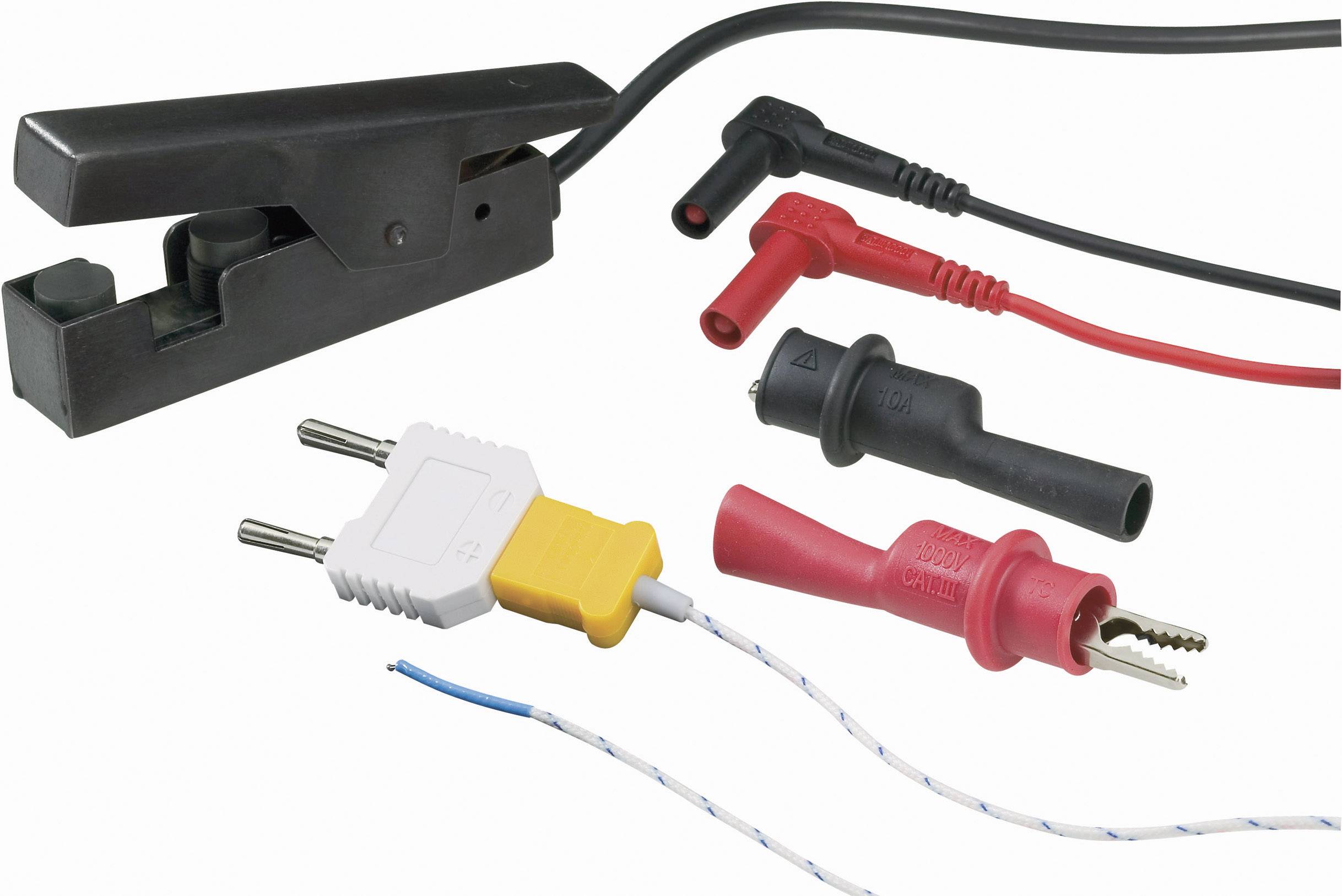 Différentes connexions de mesure, incluant des pinces crocodiles rouges et noires ainsi que d'autres types de connexions, présentées sur un fond blanc.