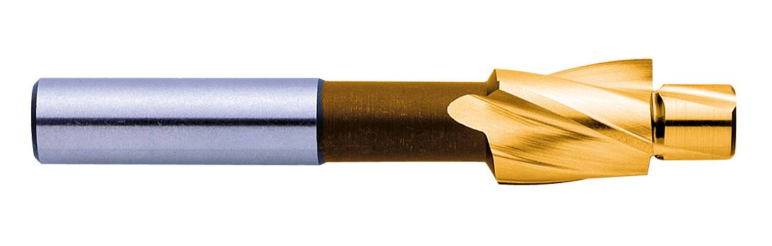 Un fraiseur à plusieurs étages en métal avec un revêtement argenté et doré, utilisé pour le perçage et le fraisage dans le travail des métaux.