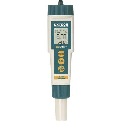 Jauge numérique pour mesure du chlore, affichant '3,77 ppm' et '23,6°C'. Touches 'MODE', 'CAL' et 'ON/OFF' en dessous.