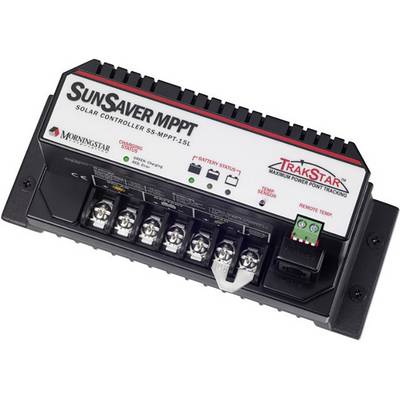 Régulateur de panneaux solaires 'SunSaver MPPT'. Affiche des LED d'état de charge et des connexions. Adapté pour la régulation des systèmes solaires photovoltaïques.