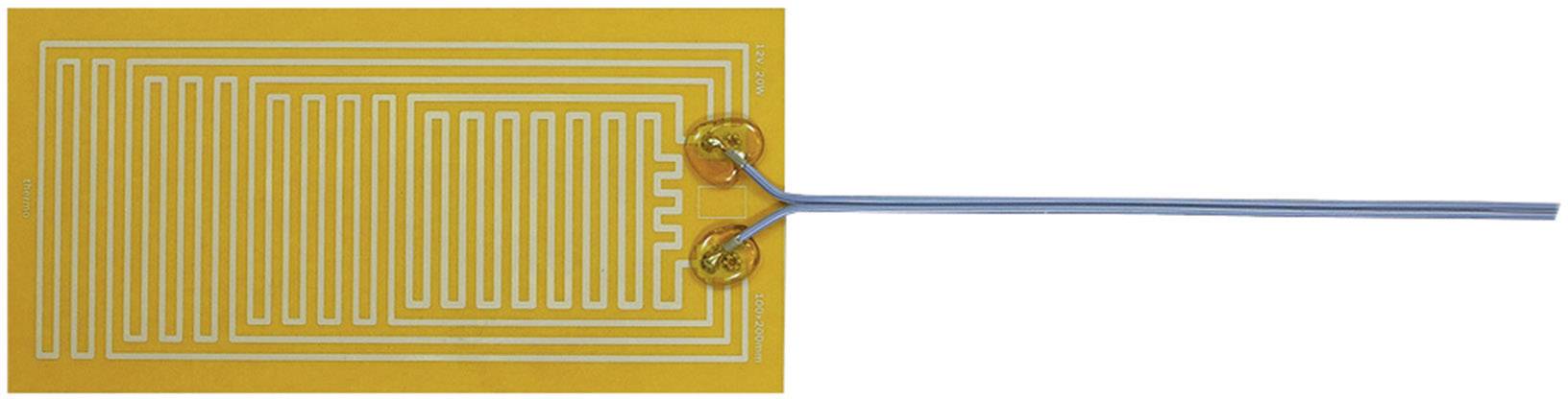 Un élément chauffant flexible avec un motif en labyrinthe sur un fond jaune, relié à deux fils bleus à droite.