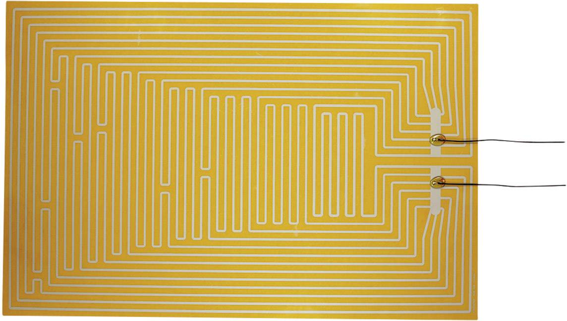 Un film chauffant flexible avec un motif de fil chauffant jaune serpentant et deux câbles de connexion sur le côté droit.